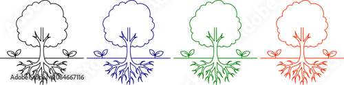 Stylized tree with roots and small plants in black blue green and red