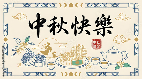 Mid autumn festival calligraphy with mooncakes and tea isolated on a transparent background