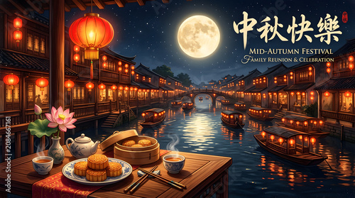 Mid-autumn festival moon, lanterns, and river boats isolated on a transparent background