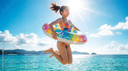 青空と夏の海でカラフルな浮き輪を持ちジャンプする水着の女性