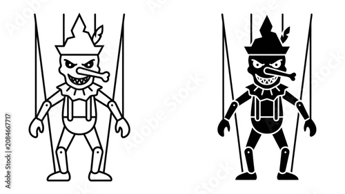 Tableau sur toile Evil Puppet Marionette: A sinister puppet with a long nose and a menacing grin, controlled by strings, depicted in both outline and silhouette form, symbolizing manipulation and control