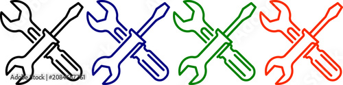 Tools icons set wrench and screwdriver in black blue green and red colors on transparent background