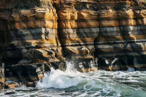 Dramatic layered rock formations weathered by ocean waves crashing against the shore