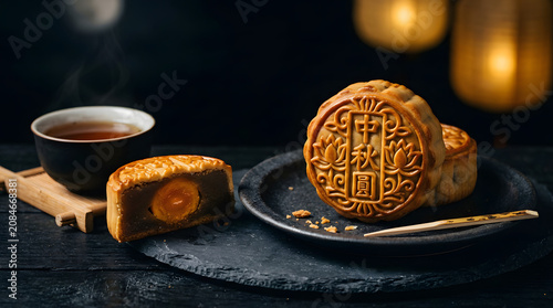 Mooncake with salted egg yolk and tea on dark table isolated on a transparent background