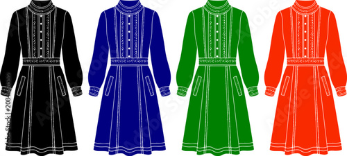 Victorian dress set in black blue green and orange isolated on transparent background