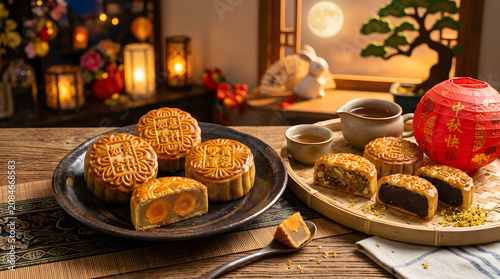 Mooncakes on ceramic plate and bamboo tray isolated on a transparent background