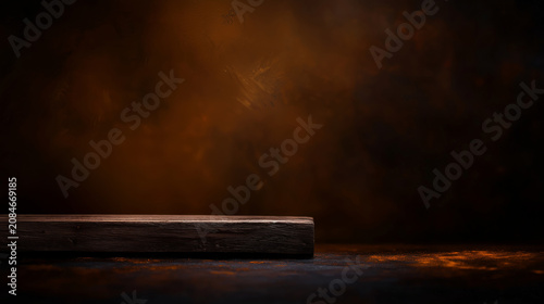 Rustic wooden block podium on dark table with warm spotlight background