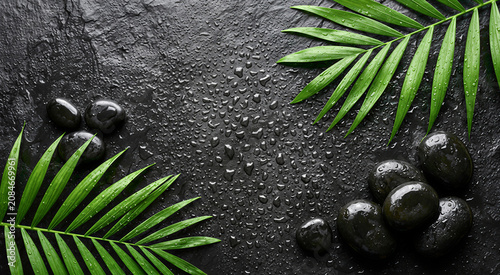 Spa background with black stones and green palm leaves