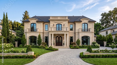 Luxury Neoclassical Mansion with Grand Columns and Palm Trees Exterior