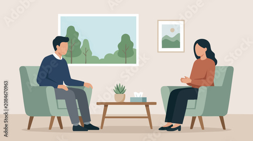Fotografía Two people in therapy or counseling session, mental health support illustration