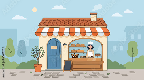 Foto Charming illustration of a bakery storefront with baker and fresh baked goods