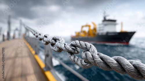 Coiled rope connects to large vessel at dock during industrial activity