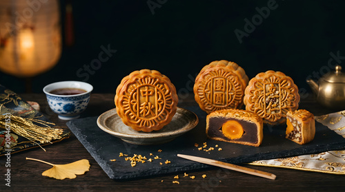 Traditional mooncakes with tea on dark slate table isolated on a transparent background