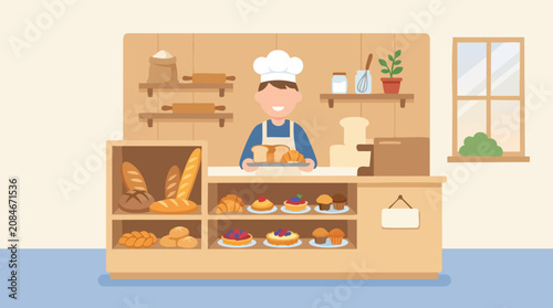 Fotografie Smiling baker in a pastry shop presenting fresh bread and baked goods