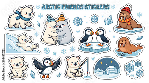 Arctic Friends Sticker Set: A collection of adorable cartoon arctic animals and winter elements, perfect for decorating and adding a touch of whimsy to any surface.