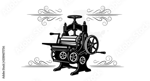 Vintage printing press machine with decorative swirls on white background