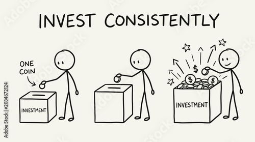 Foto A hand drawn illustration of people investing consistently with coins and boxes