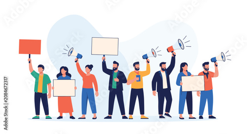 Diverse group of activists holding blank signs and megaphones protesting peacefully in a colorful flat vector illustration.