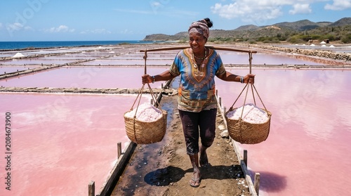 Curaçao Salt Worker Carrying Crystal Sea Salt Across Pink Evaporation Ponds