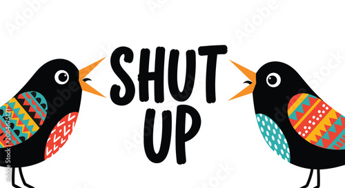 Two stylized black birds with vibrant, colorful patterns on their bodies are facing each other, with the bold text 