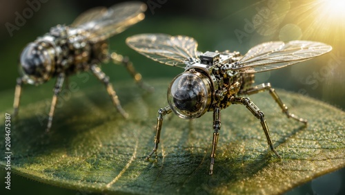 Tiny insect-like micro robotic drones made of brass and glass resting on a fresh green leaf in warm sunlight, captured with macro photography featuring shallow depth of field and natural lens flares.