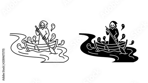 Bild auf Leinwand Charon's Ferry: An illustration depicting the mythical ferryman Charon, cloaked and hooded, rowing a boat filled with souls across a dark river