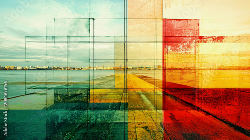 Bright colors and shapes blend together over a city view at sunset near the water