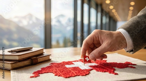 Hand placing a Switzerland flag pin onto a red embroidered map shape, signifying Swiss National Day, August 1, with an alpine mountain panorama visible beyond a window.