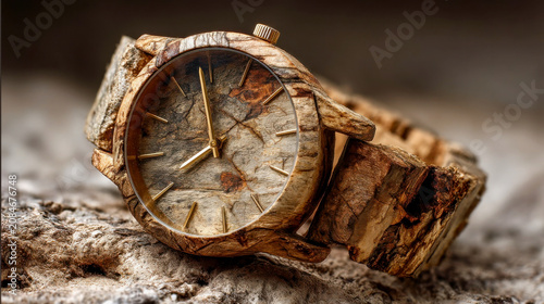 Wooden watch placed on a stone surface showing the natural texture and design of the watch at a close distance