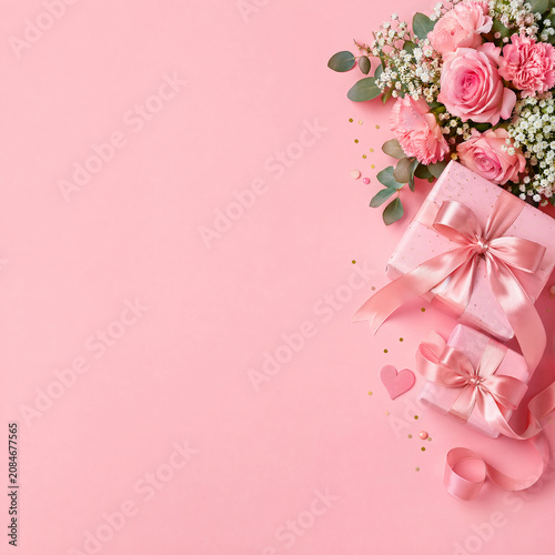 Pink flowers bouquet and gift boxes with ribbons on pink background