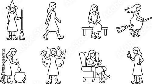 Foto Minimalist Witch Character Poses and Magic Actions Line Art Vector