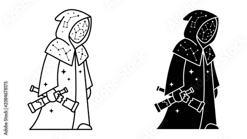 Fotografie Cosmic Traveler: An enigmatic figure in a star-patterned cloak holds a telescope, embodying exploration and the mysteries of the universe