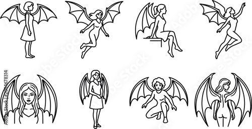 Foto Succubus demon woman characters with bat wings vector line art set