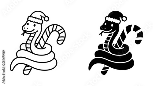 Fotografía Christmas Snake Icon: A charming cartoon snake, adorned with a festive Santa hat, coils around a candy cane in two complementary styles – one outlined in black and white