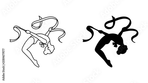Картината върху платно Rhythmic Gymnastics Duet: A line art and silhouette depiction of two rhythmic gymnasts in elegant poses, their ribbons flowing dynamically, showcasing the artistry and athleticism of the sport