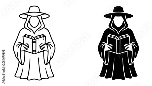 Billede på lærred Mysterious Scholar Icon: A stylized icon depicting a hooded figure in a wide-brimmed hat, engrossed in reading an open book