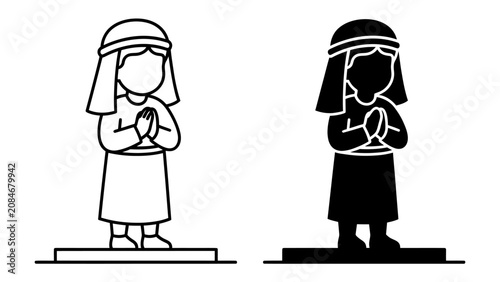 Fotografie Religious figure in prayer: Two stylized figures, one outlined and one silhouetted, depict a person in traditional attire with hands clasped in prayer, representing devotion and faith