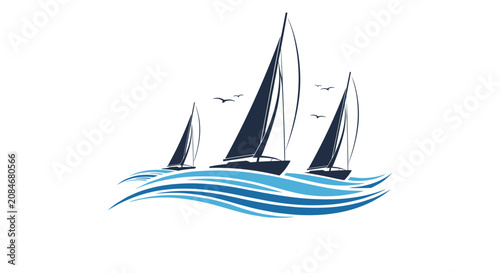 Cuadro en lienzo Three sailboats gliding across stylized blue waves with seagulls flying in the distance against a white background