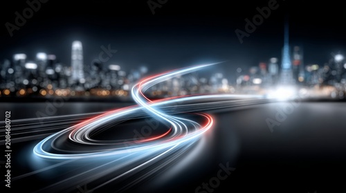 Light trails create abstract patterns over a city skyline at night