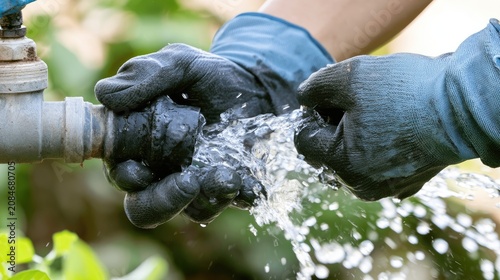 Emergency Repair of Broken Outdoor Water Pipe with Heavy Flow Leak and Protective Gloves