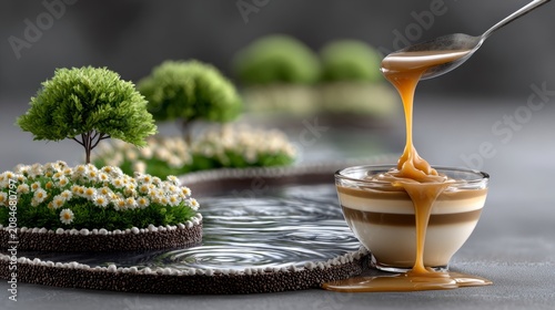Spoon pours caramel into dessert beside miniature garden landscape