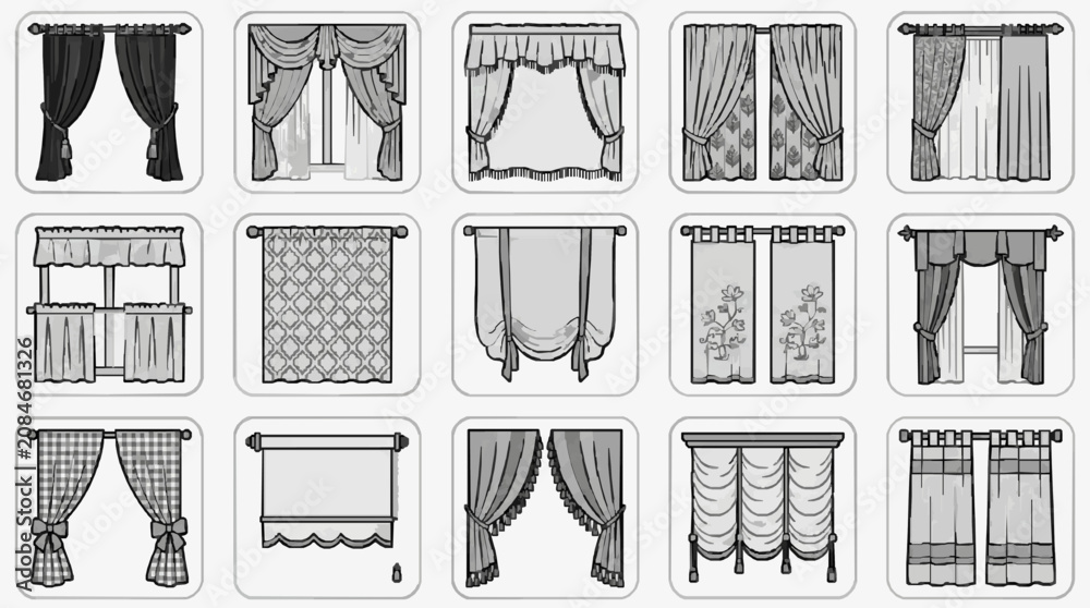 Obraz premium Modern Curtain Styles Collection 15 Unique Designs with Various Patterns Colors and Window Treatments
