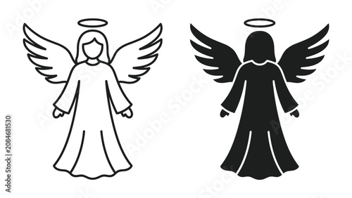 Tableau sur toile Angel Icons: A stylized depiction of two angels, one in outline and the other in silhouette, both with halos and feathered wings, representing divine guidance and spiritual protection