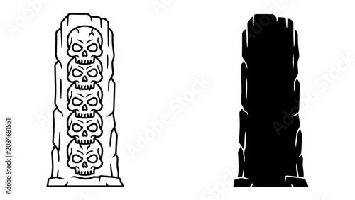 Tableau sur toile Ancient Totem of Skulls: A primitive, weathered stone totem carved with a series of skull motifs stands solemnly, representing an ancient symbol of power or warning