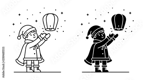Schilderij op canvas Child Releasing Sky Lantern: A child in a winter cap and cape joyfully releases a sky lantern into a starlit night, embodying hope and wonder
