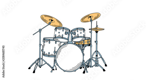 Fotografia Full professional drum set with cymbals, bass drum, snare, and tom-toms illustrated for musical performance and band equipment concepts