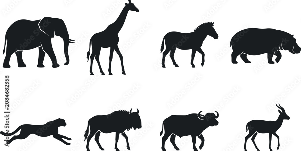 Fototapeta premium African safari wildlife animals black silhouettes set including elephant giraffe zebra hippopotamus cheetah wildebeest buffalo and antelope isolated on white background