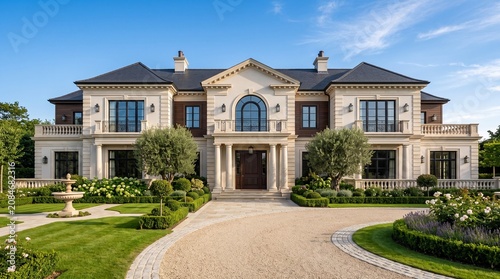 Luxury Neoclassical Mansion with Grand Columns and Palm Trees Exterior