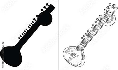 Schilderij op canvas Sitar Musical Instrument Black Silhouette and Outline Illustration with Traditio