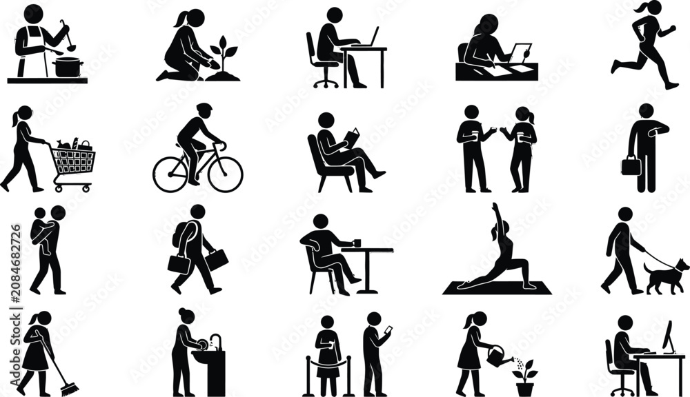 Obraz premium Black silhouette icons of people doing daily activities